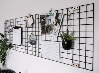 Grid style storage with small hanging decor pieces